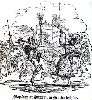 Captioned 'May-day at Hitchin, in Hertfordshire'. Note the fiddle player and bass drummer at left. From William Hone, The Everyday Book (1826).